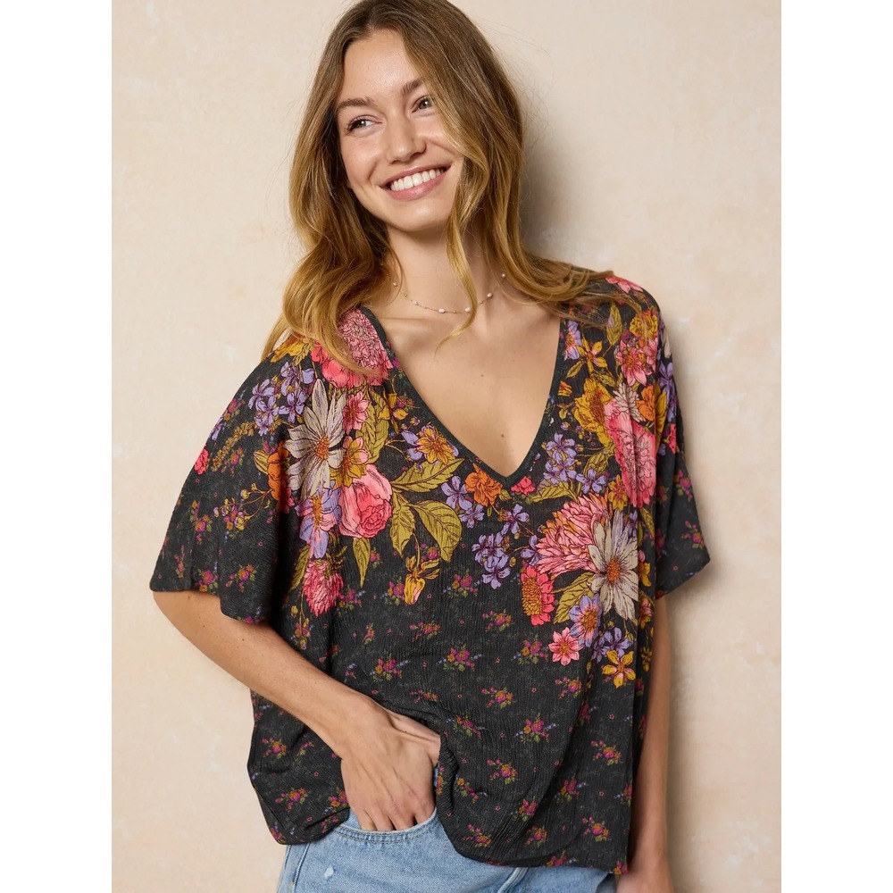 Natural Life Easy V-Neck Top English Garden Womens XS Floral Rayon Short Sleeve
